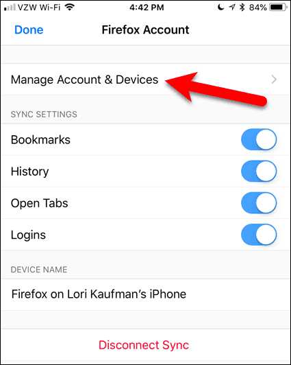 Tryk på Administrer konto & enheder i Firefox til iOS