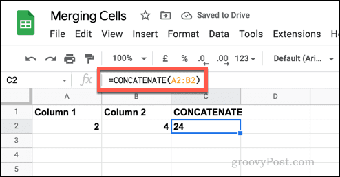 Et eksempel på en simpel CONCATENATE-formel i Google Sheets