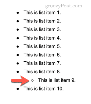 Et eksempel på en liste på flere niveauer i Google Docs