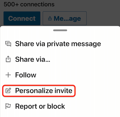 linkedin mobilprofil mere... menu med indstillingen 'personaliser invitation' fremhævet