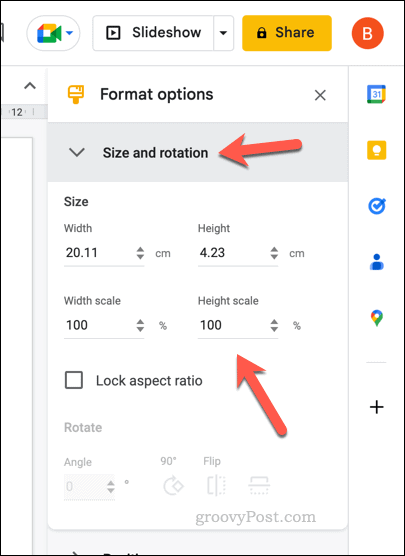 Størrelsesmuligheder for en Google Slides-tabel