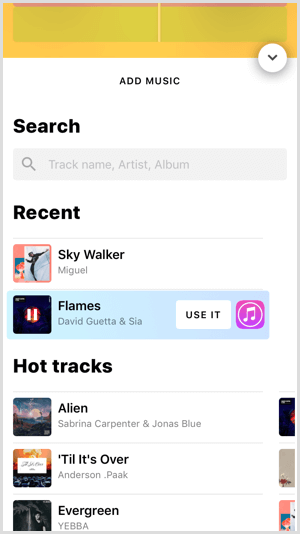 Tryk på Brug det for at tilføje et musiknummer til dit Hype Type-projekt.