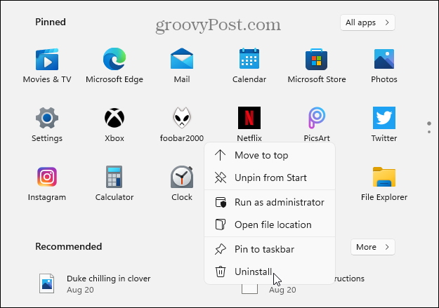 Afinstaller fra Fastgjorte apps Windows 11 Start
