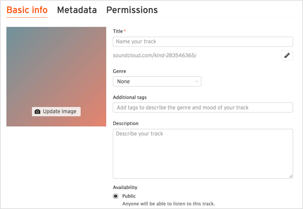 Tilføj en titel og beskrivelse til dit spor, vælg en genre, og inkluder relevante tags i SoundCloud.