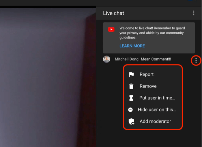 youtube live chat-kommentar moderationsmuligheder for at rapportere eller fjerne kommentaren, sætte brugeren i timeout, skjule brugeren på kanalen eller tilføje en moderator til chatten
