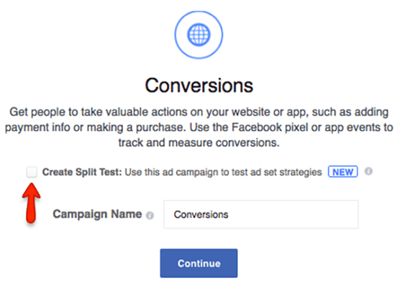 Marker afkrydsningsfeltet for at oprette en split test til din Facebook-kampagne.
