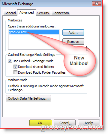 Outlook 2010-skærmbillede tilføj mailbox-avanceret fane