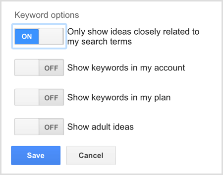 Google AdWords Keyword Planner-søgeordsindstillinger