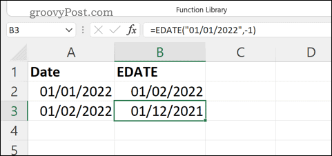 Et eksempel på EDATE-formel i Excel