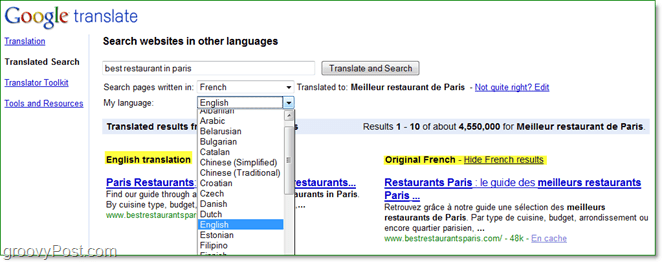 søg efter internetsider på forskellige sprog, og læs dem på din egen ved hjælp af oversat serach fra Google