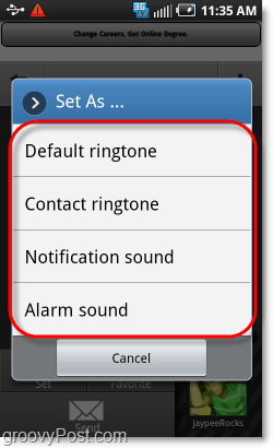indstil lyd som ringetone, anmeldelse, alarm eller kontakt
