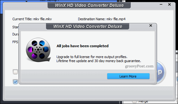 Bekræftelse af en vellykket WinX-videokonvertering