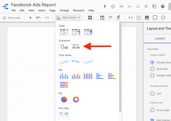 Brug Google Data Studio til at analysere dine Facebook-annoncer, trin 8, mulighed for at vælge scorekortdiagrammet i Google Data Studio