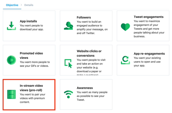 Mulighed for at oprette en In-Stream Video Views (Pre-Roll) Twitter-annonce fra Twitter Ads-dashboardet.