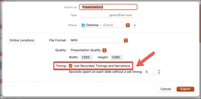 Brug af optagede timings til en eksporteret video i PowerPoint på Mac
