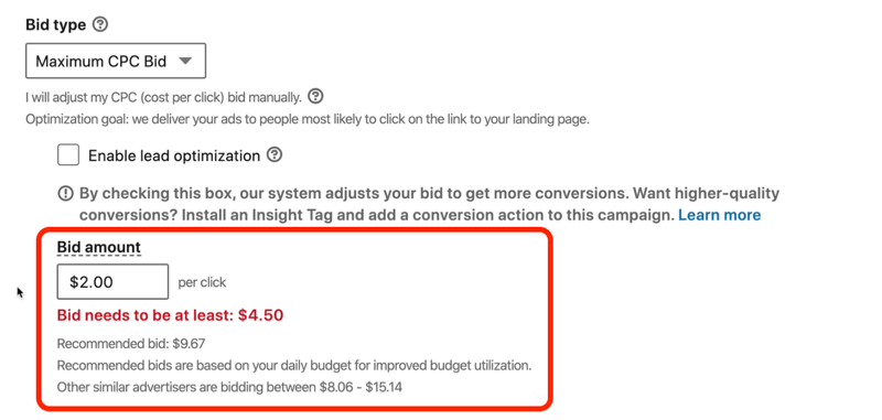 skærmbillede af beskeden i rødt med ordet "LinkedIn-bud skal være mindst $ 4,50"