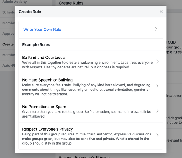 Sådan forbedres dit Facebook-gruppesamfund, eksempel på forudskrevne regler for Facebook-gruppen