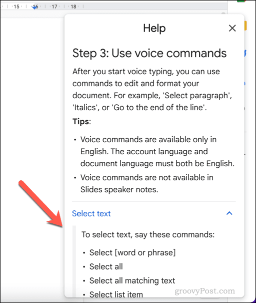 Hjælpemenu til stemmeskrivning i Google Docs