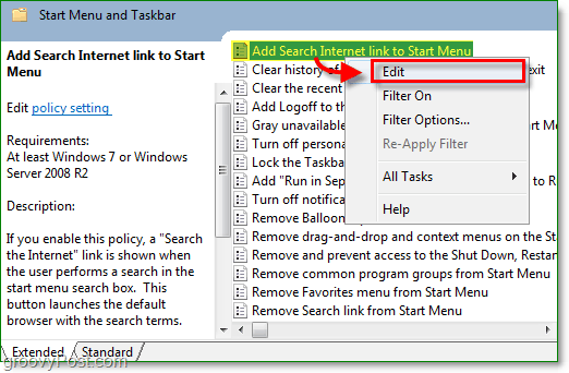 Klik på linket Tilføj søgning for at starte menuen, og klik derefter på redigeringsindstillingen fra højre-klik-kontekstmenuen i Windows 7