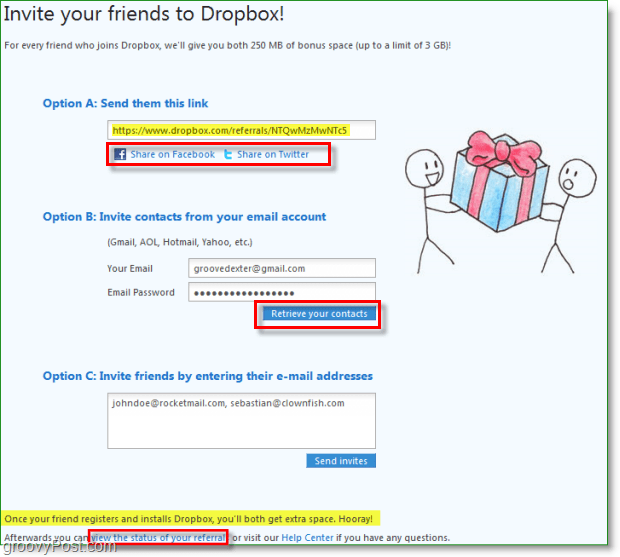 Dropbox-skærmbillede - mange måder at dele dine invitationer til dropbox på