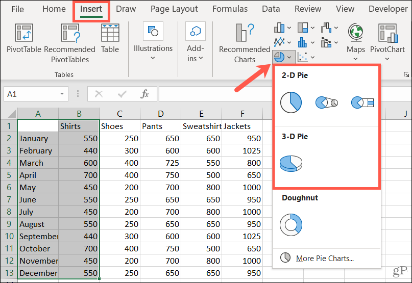 Vælg en stil for at lave et cirkeldiagram i Excel