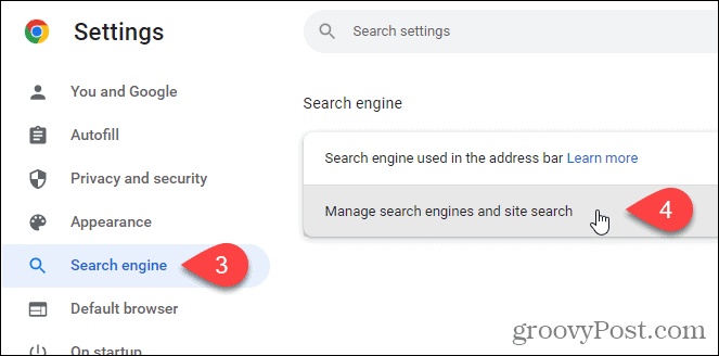 Klik på Administrer søgemaskiner og webstedssøgning på søgemaskineskærmen i Chrome