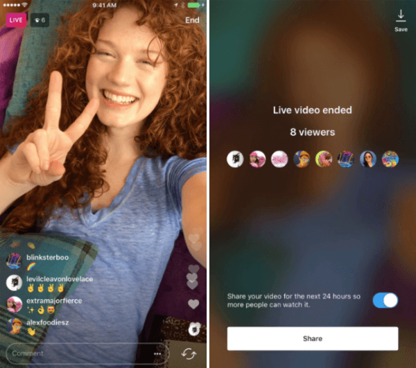 Instagram introducerede muligheden for at dele en live videoafspilning til Instagram Stories i 24 timer.