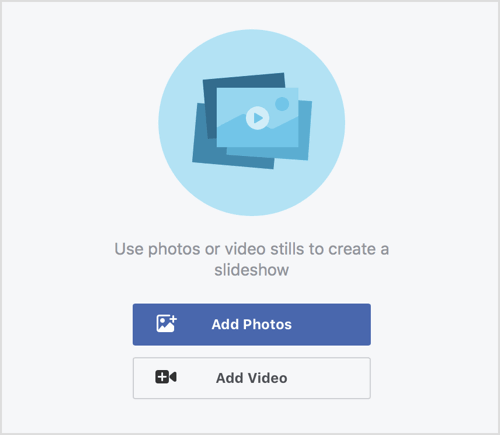 I vinduet til oprettelse af lysbilledshow skal du tilføje dine fotos ved at vælge dem fra dit bibliotek eller uploade dem fra din computer. 