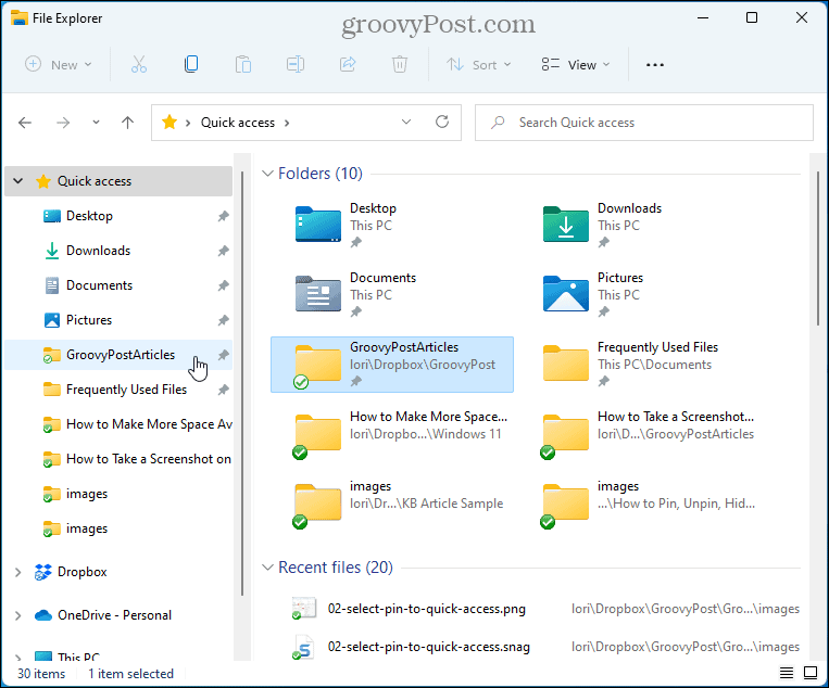 Hurtig adgangsmapper i File Explorer