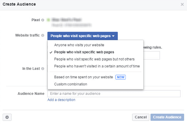 Fra menuen Website-trafik skal du vælge hvem du vil medtage i dit Facebook-tilpassede publikum.