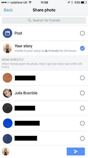 Vælge, hvor dit Facebook Story-indhold skal indsendes.
