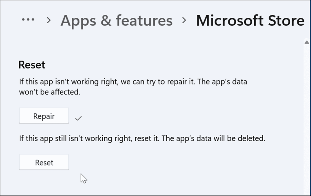 nulstil eller reparer app Microsoft Store virker ikke på Windows 11