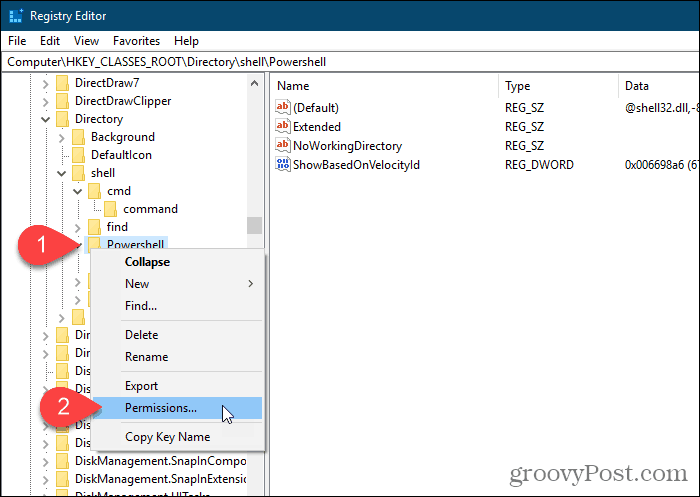 Vælg tilladelser til Powershell-nøglen i Windows Registry Editor