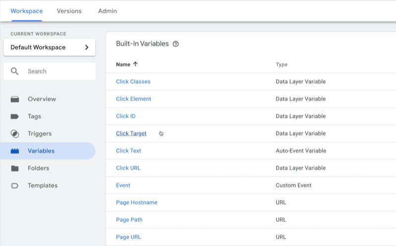 eksempel google tag manager dashboard arbejdsområde med variabler valgt og flere eksempler variabler vist med type bemærket for hver
