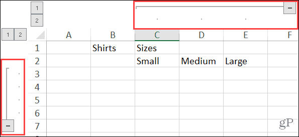 Udvidede grupperede kolonner og rækker i Excel i Windows