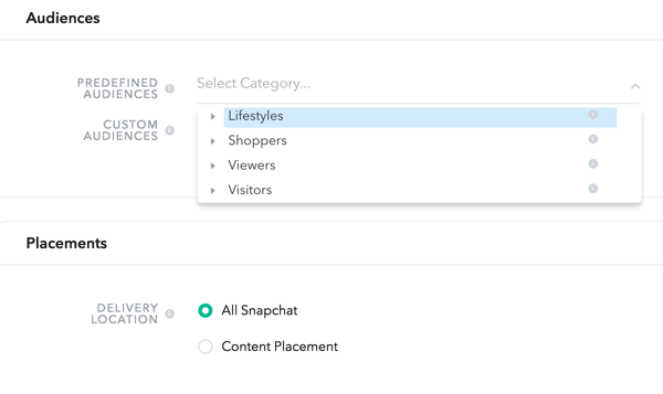 Snapchat giver dig mulighed for at vælge målgrupper fra fire foruddefinerede kategorier.