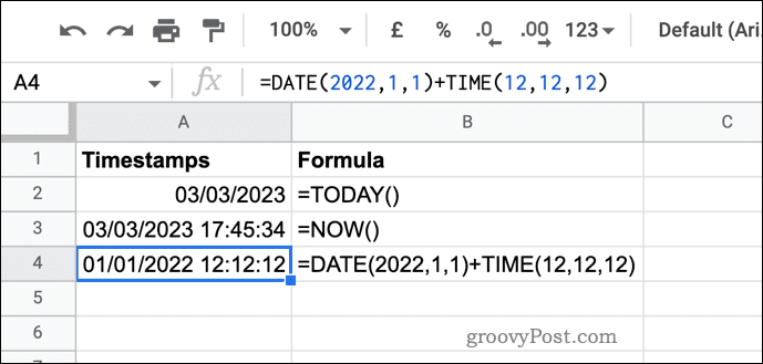 Eksempler på tidsstempler i Google Sheets