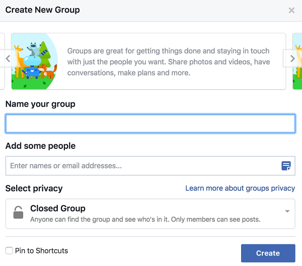 Giv din gruppe et navn, tilføj personer, og vælg privatlivsindstillingen.