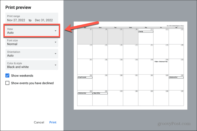 indstilling for Google kalendervisning