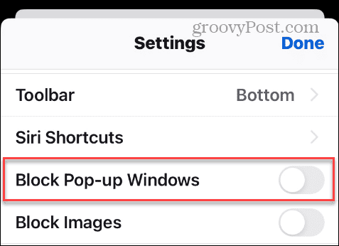Bloker pop-up Windows-indstillingen i iPhone Firefox-indstillinger