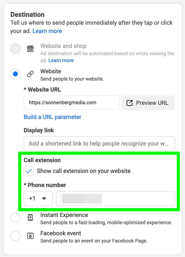 how-to-use-the-meta-call-ads-pre-call-business-feature-ad-level-enter-landing-page-url-check-call-extension-box-enter-business-phone-number- eksempel-11