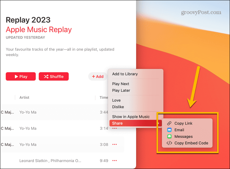 dele muligheder for Apple Music