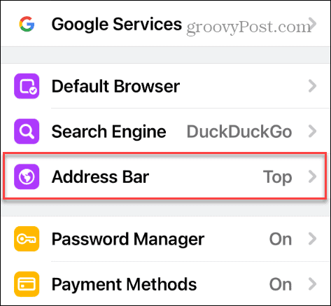 Chrome-indstillinger adresselinje