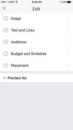 rediger indstillinger for annoncekampagne i Facebook-sider manager app