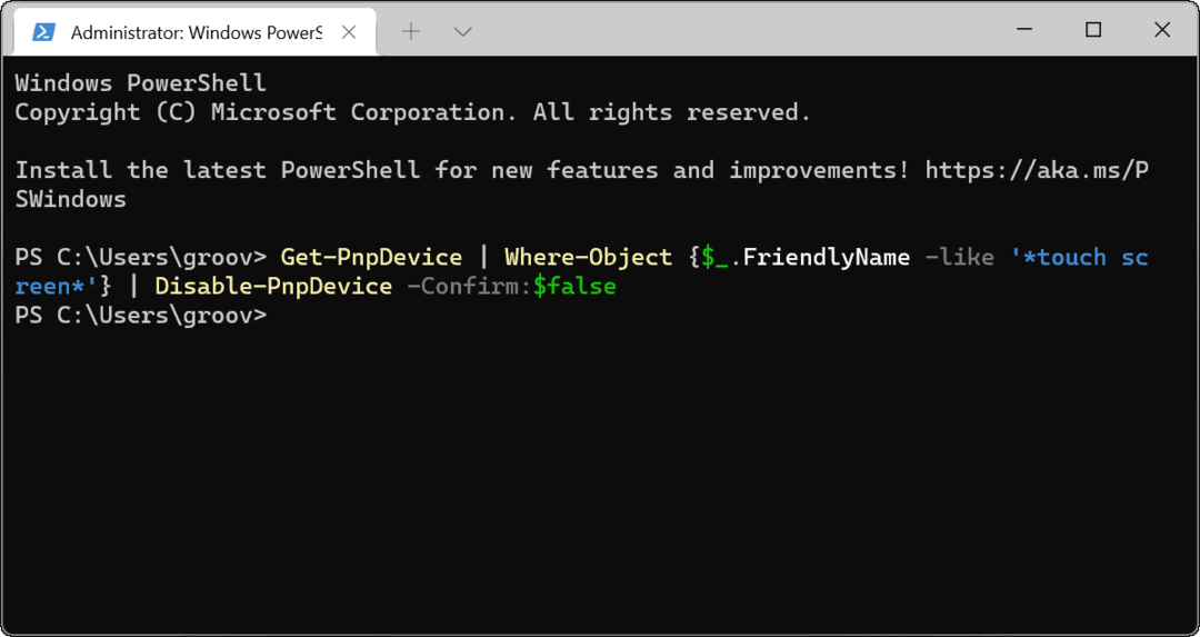 Kør deaktiver berøringsskærm Windows Terminal admin