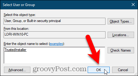 Luk dialogboksen Vælg bruger eller gruppe i Windows Registry Editor