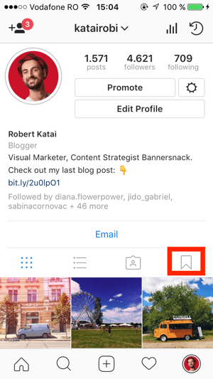For at oprette en samling skal du gå til din Instagram-profil og trykke på ikonet Bogmærke.