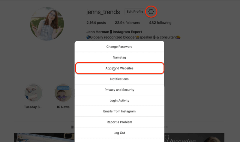 instagram profil gear ikon rediger indstillinger menu indstillinger fremhæver apps og websteder mulighed