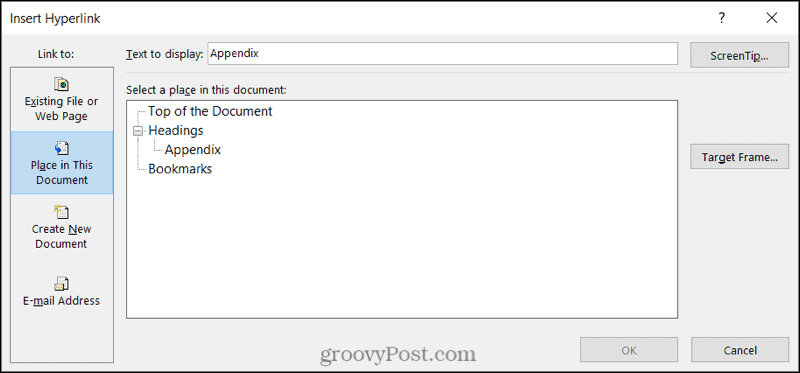 Link til en dokumentplacering i Word på Windows