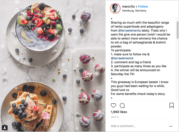 Eksempel på Instagram-influencer marketingkampagnepost med en giveaway
